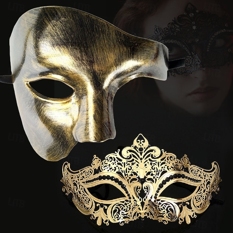 Greek Goddess Roman Halloween Mask Venetian Mask Columbina Couples 2 PCS Carnival Mask Metal Finish Sexy Costume Half Face Adults' Unisex Halloween Carnival Mardi Gras Party Masquerade Carnival of