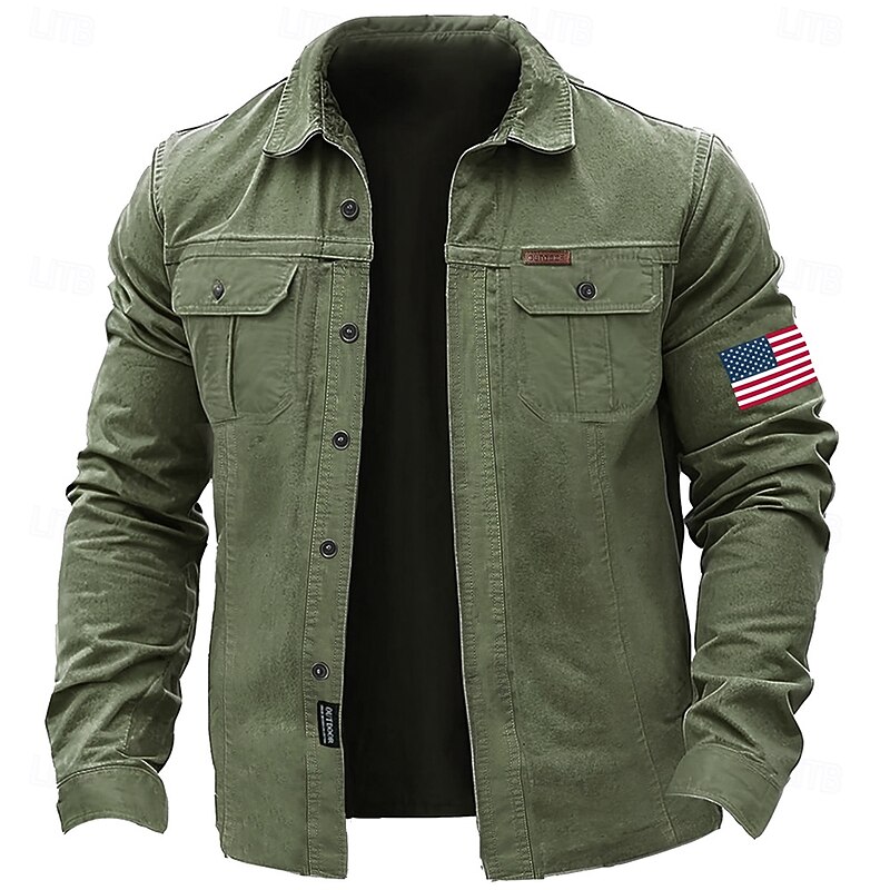 Men's American US Flag Cowboy Patriotic Work Shirt Western Shirt Cargo Shirt Long Sleeve Casual Tactical Sports & Outdoor Going out Winter Spring &  Fall Turndown Print Army Green Khaki