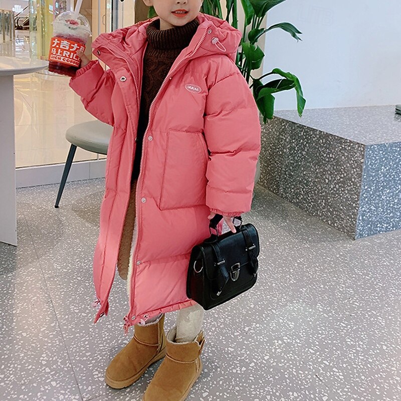 Kids Girls' Coat Outerwear Down Coat Puffer Jacket Plain Streetwear Pocket Vacation Cotton Coat Outerwear 4-12 Years Fall Black Pink3