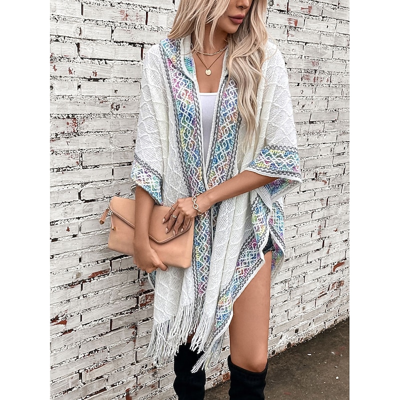 Women's Cape Fashion Daily Casual Graphic Hooded Tassel Sleeveless Long Tops Knit Formal Outdoor Weekend Black White Fall Winter3