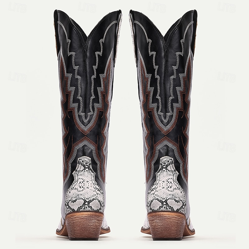 Men's Western Cowboy Boots – Black Faux Leather with Snake Print Accents, Embroidered Details, and Stacked Heel, Perfect for Rodeo, Country Events, and Casual Wear2