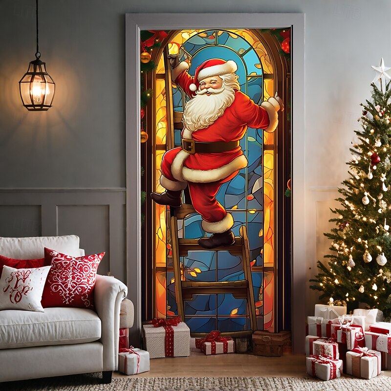 Christmas Door Decorations Door Covers Santa Claus Door Tapestry Door Curtain Stained Glass Decoration Backdrop Door Banner for Front Door Farmhouse Holiday Party Decor Supplies Indoor/Outdoor4