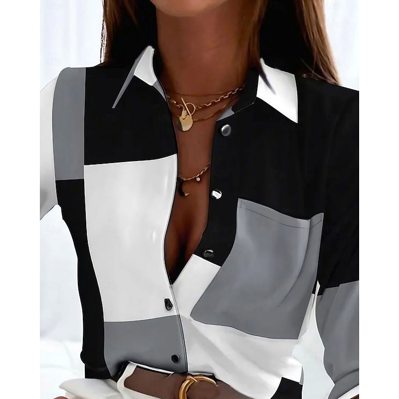 Women's Shirt Long Sleeve Button Down Blouse Basic Color Block Buttons Print Regular Tops Shirt Collar Casual Black Spring Fall3