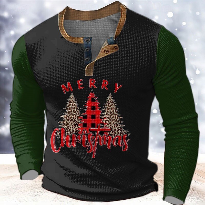 Christmas Men's Christmas tree Henley T Shirt Graphic Tree Fashion Designer Casual 3D Print Henley Waffle Sports Outdoor Holiday Festival Black Red & White Green Long Sleeve Henley Spring3