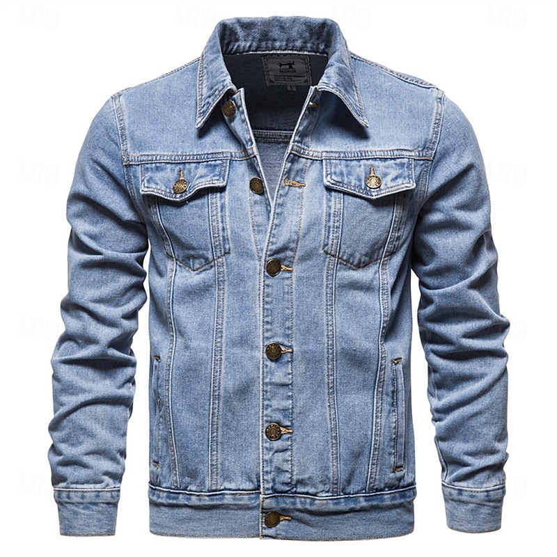 Men's Jean Jacket Denim Jacket Casual Daily Windbreaker Classic Style Denim Spring &  Fall Fall & Winter Solid / Plain Color Casual Lapel Regular Black Dark Blue Light Blue Jacket
