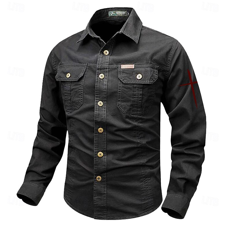 Men's Solid Color Work Shirt Western Shirt Cargo Shirt Long Sleeve Casual Tactical Sports & Outdoor Going out Winter Spring &  Fall Turndown Print Black Grey Black White Army Green Red3