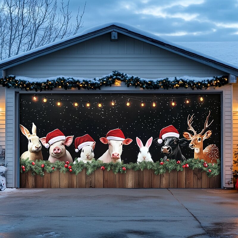 Christmas Door Decorations Outdoor Garage Door Cover Xmas Banner Farmhouse Animals Large Christmas Backdrop for Holiday Outdoor Garage Door Home Wall Decorations4