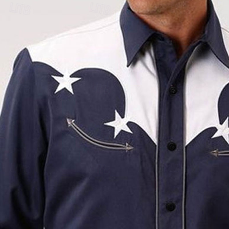 Men's Star Western Shirt Button Up Shirt Cowboy Shirt Long Sleeve Western Daily Fall & Winter Turndown Collared Shirts 3D Print Front Pocket Navy Blue2