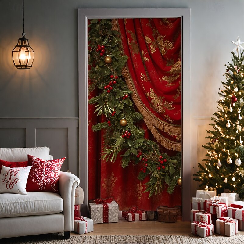 Christmas Door Decorations Door Covers Evergreen Holly Door Tapestry Door Curtain Decoration Backdrop Door Banner for Front Door Farmhouse Christmas Holiday Party Decor Supplies Gift Indoor/Outdoor4