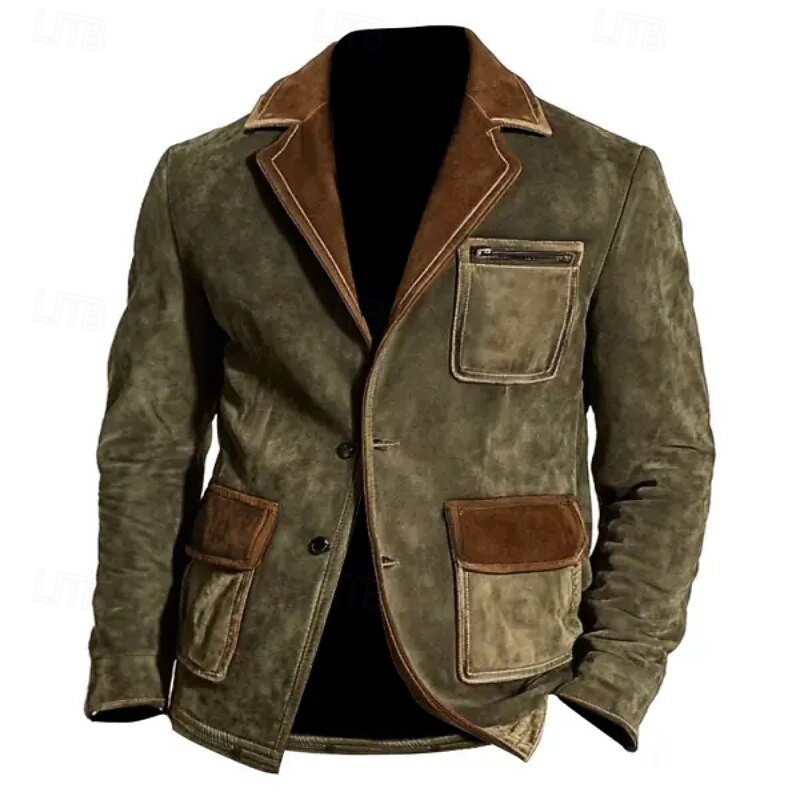 Men's Faux Leather Jacket Faux Suede Jacket Blazer Formal Office Windbreaker Pocket Winter Spring &  Fall Color Block Vintage Fashion Shirt Collar Regular Green Jacket