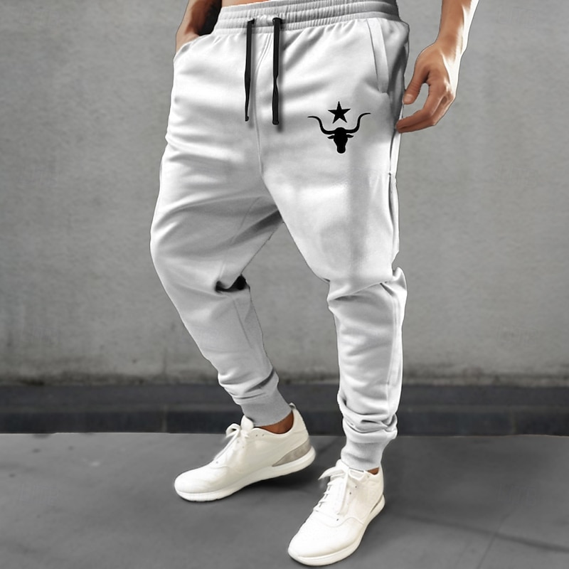 Men's Cow Cowboy Sweatpants Joggers Pants Trousers Mid Waist Drawstring Elastic Waist Vintage Casual Outdoor Street Dailywear Pocket Spring Fall Winter 3D Print White Blue Beige