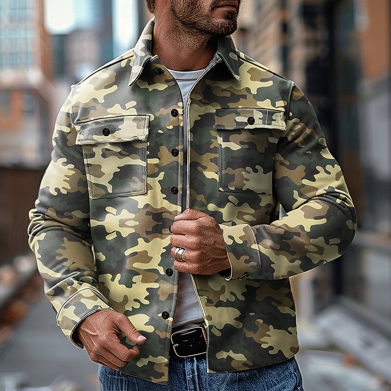 Men's Camo / Camouflage Cowboy Shirt Jacket Overshirt Long Sleeve Vintage Casual Daily Wear Going out Fall & Winter Collared Shirts Buttons 3D Print 2 Pockets Army Green