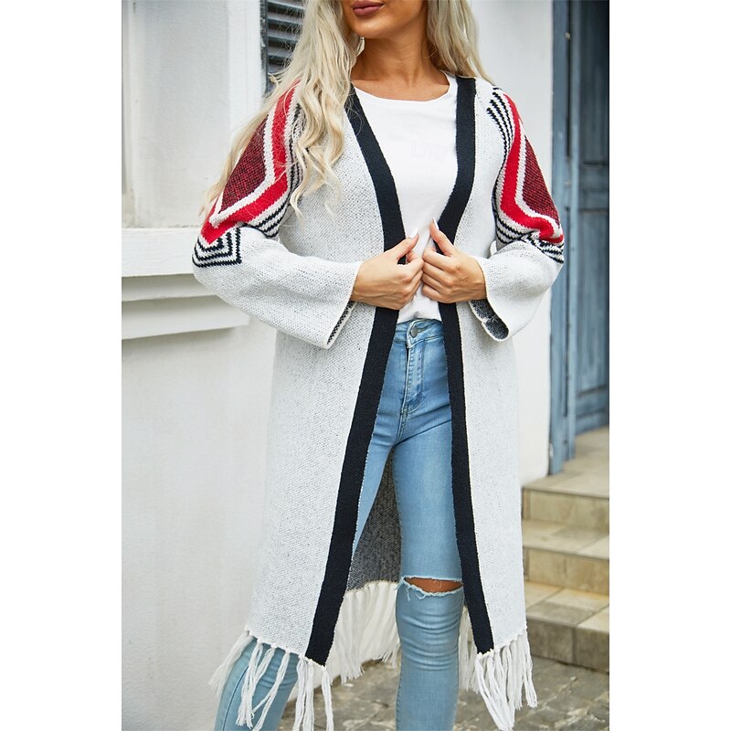 Women's Long Cardigan Open Front Knit Tassel Fall Winter Outdoor Going out Weekend Fashion Daily Long Sleeve Geometric Black Camel