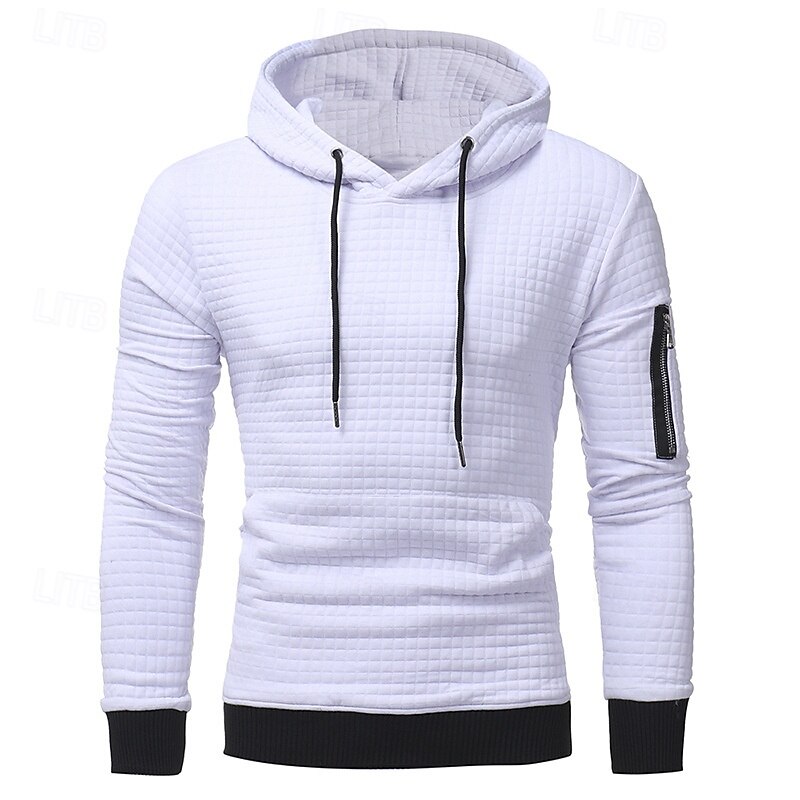 Men's Hoodie Black White Light Grey Dark Gray Hooded Plain Drawstring Ribbed Front Pocket Sports & Outdoor Daily Holiday Polyester Textured Streetwear Basic Casual Spring &  Fall Clothing Apparel