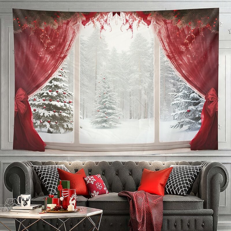 Christmas Decorations Hanging Tapestry Wall Art Xmas Red Curtain Large Tapestry Mural Decor Photograph Backdrop Blanket Curtain Home Bedroom Living Room Window View4