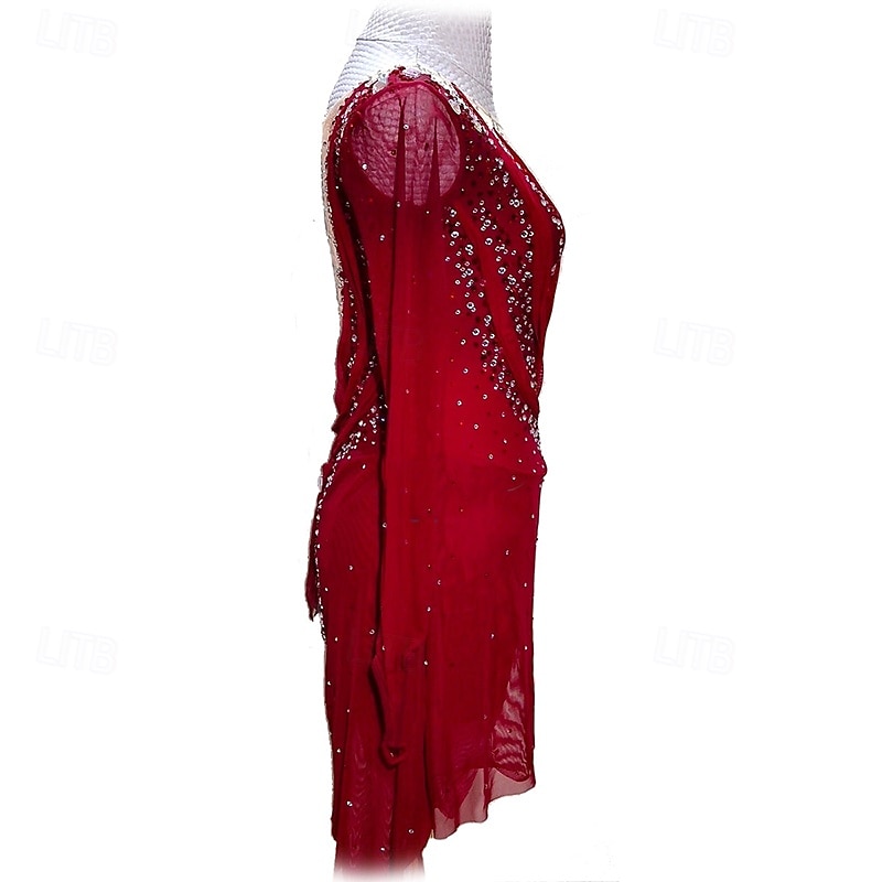 Figure Skating Dress Women's Girls' Ice Skating Dress Burgundy Patchwork Mesh High Elasticity Training Competition Skating Wear Classic Crystal / Rhinestone Long Sleeve Ice Skating Figure Skating4
