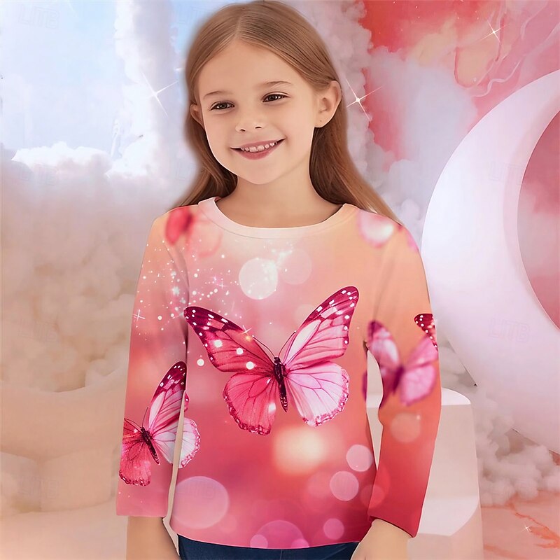 Girls' 3D Graphic Animal Butterfly T shirt Tee Long Sleeve Spring Fall Fashion Basic Kids 4-12 Years Crew Neck Outdoor Casual Daily Regular Fit4