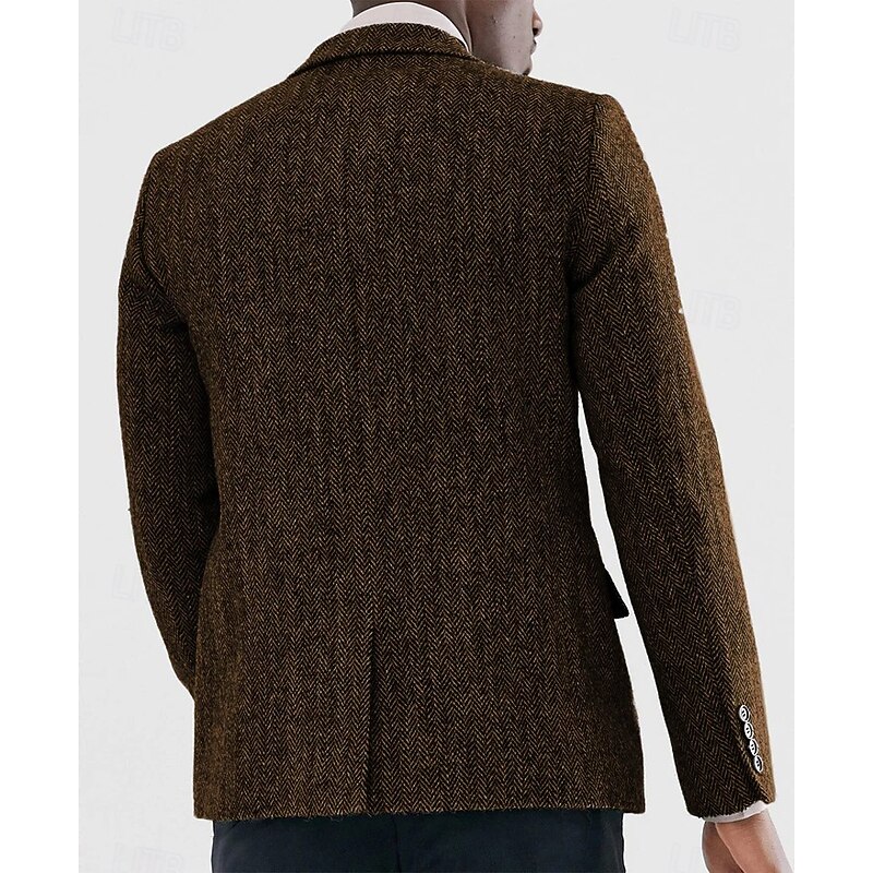 Men's Tweed Blazer Notch Collar Vintage Herringbone Blazer Burgundy Brown Green Standard Fit Single Breasted Two-buttons2