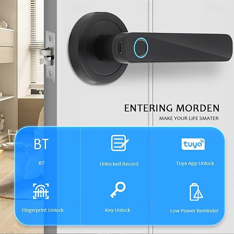 Smart Fingerprint Door Lock Keyless Entry Biometric Door Lock with Handle Set Support Key Unlock Intelligent Tuya App Control