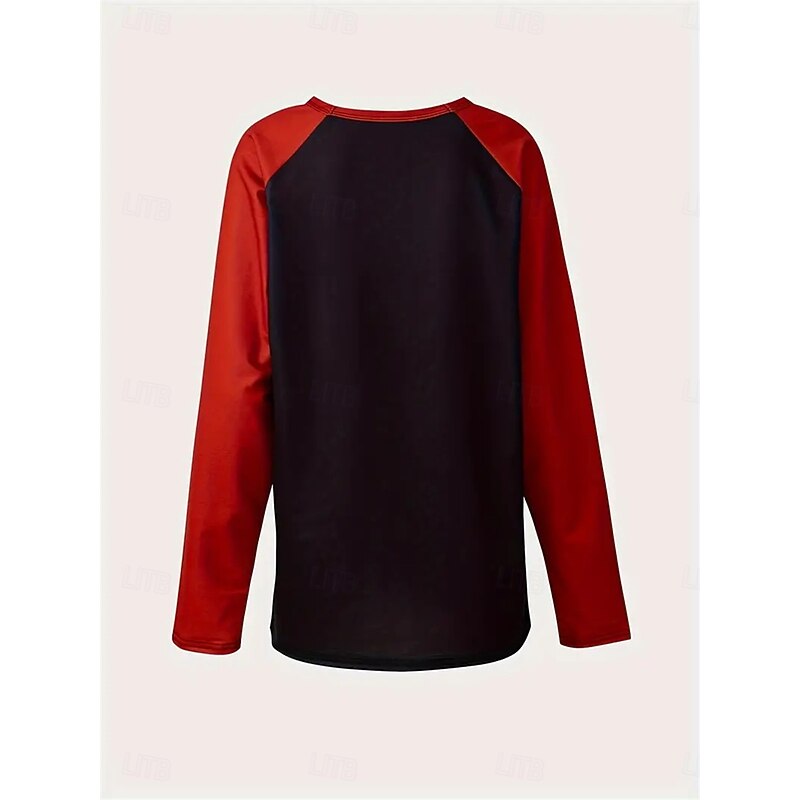 Women's T Shirt Casual Print Long Sleeve Long Tops Crew Neck Daily Red Gray Spring &  Fall2