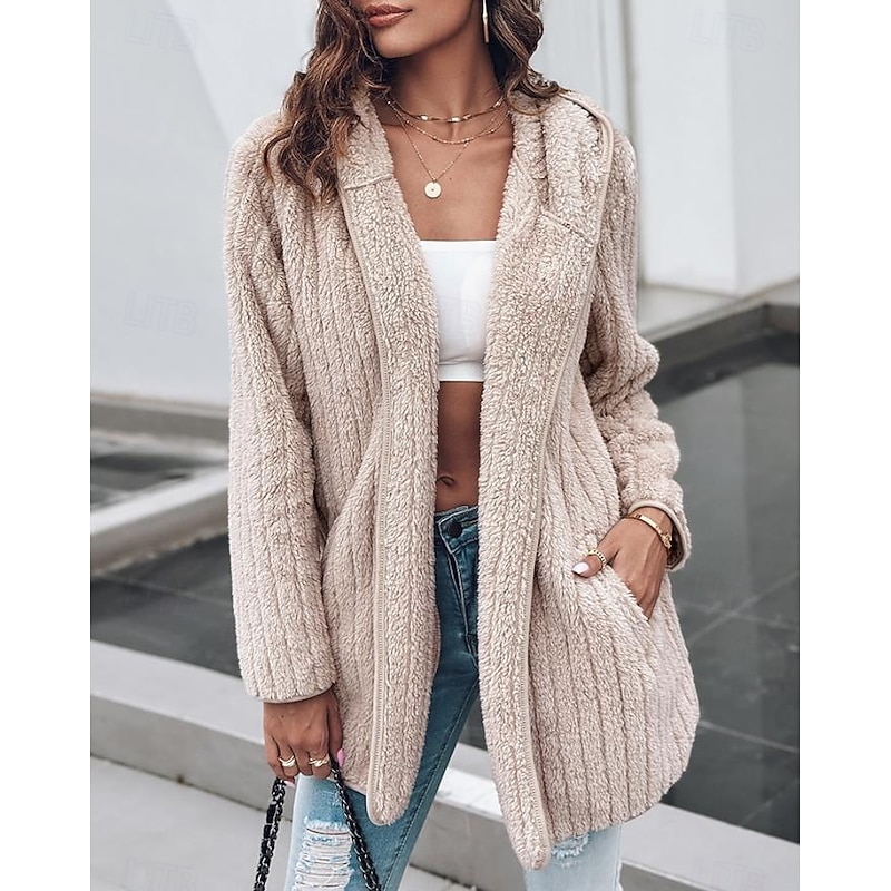 Women's Casual Jacket Office Work Street Fall Winter Regular Coat Regular Fit Thermal Warm Breathable Comtemporary Stylish Casual Jacket Long Sleeve Solid Color with Pockets Apricot