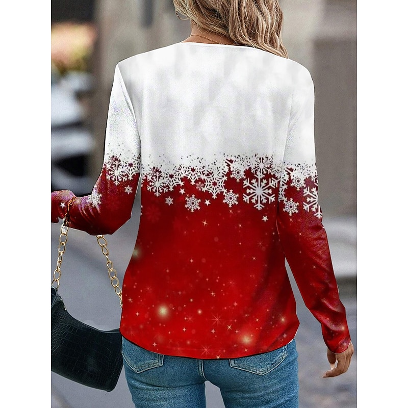 Women's T Shirt Henley Pullover Ombre Snowflake Henley Pullover Red White Long Sleeve Casual Comfort Fit Autumn Winter Holiday Top2