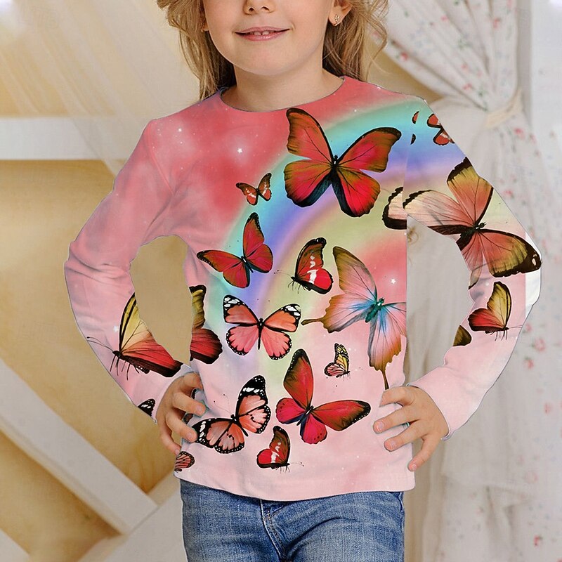 Girls' 3D Graphic Butterfly T shirt Tee Long Sleeve Spring Fall Fashion Basic Kids 4-12 Years Crew Neck Outdoor Casual Daily Regular Fit3