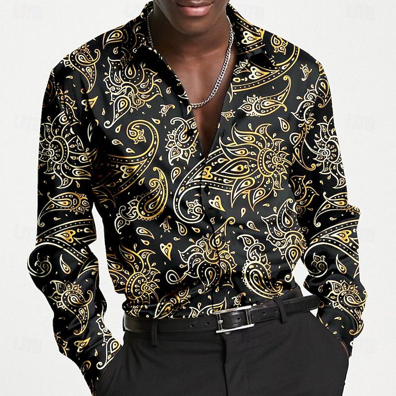 Men's Satin Shirt Dress Shirt Button Up Shirt Paisley Vacation Party Evening Wear Violet Yellow Long Sleeve Collared Shirts Summer Spring Clothing Apparel Button Up