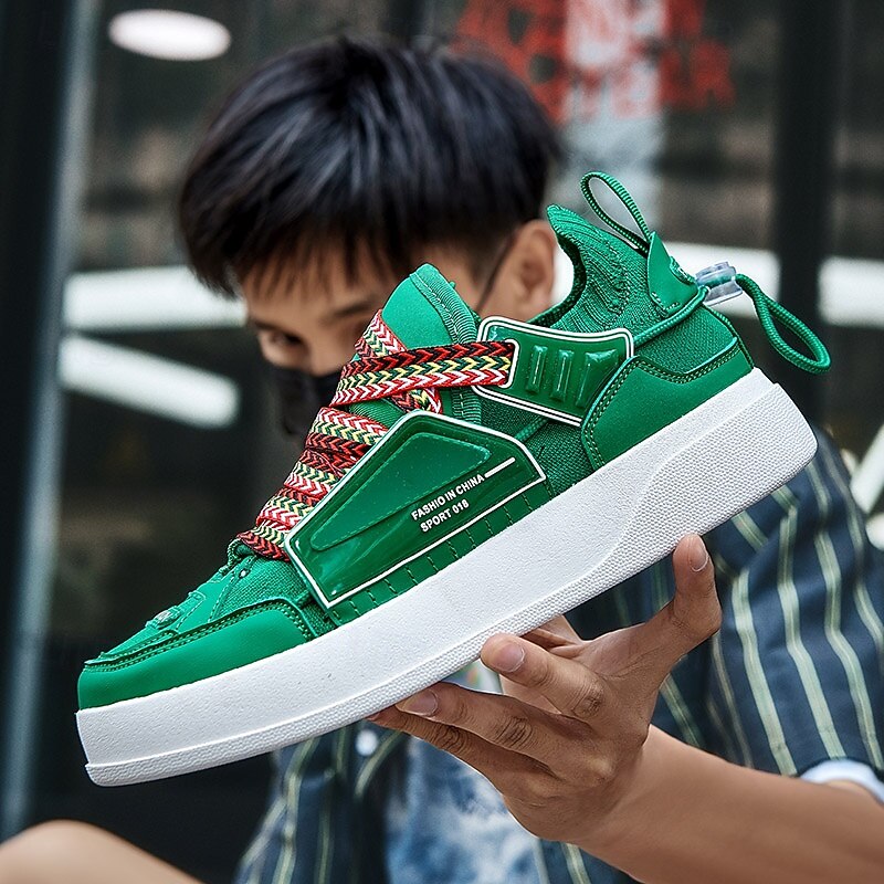 Men's Green High-Top Sneakers with Multicolor Laces and Velcro Strap – Stylish Casual Sport Shoes for Streetwear and Everyday Use 11