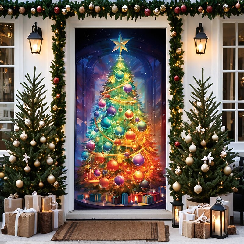 Christmas Door Decorations Door Covers Xmas Tree Door Tapestry Door Curtain Decoration Backdrop Door Banner for Front Door Farmhouse Christmas Holiday Party Decor Supplies Gift Indoor/Outdoor3