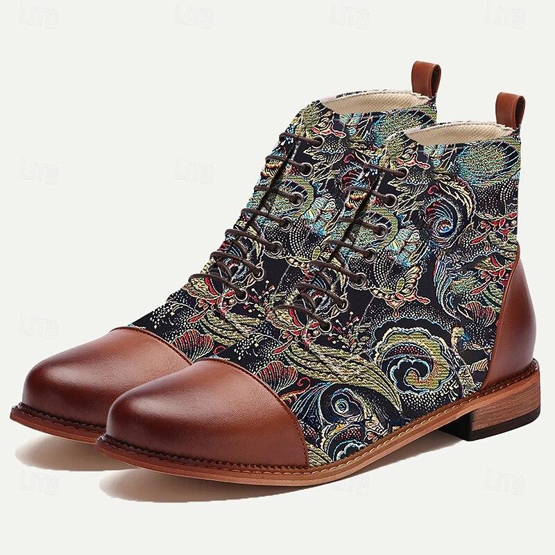 Men's Vintage Peacock Feather Print Lace-Up Ankle Boots – Faux Leather and Jacquard Fabric, Casual and Formal Wear3