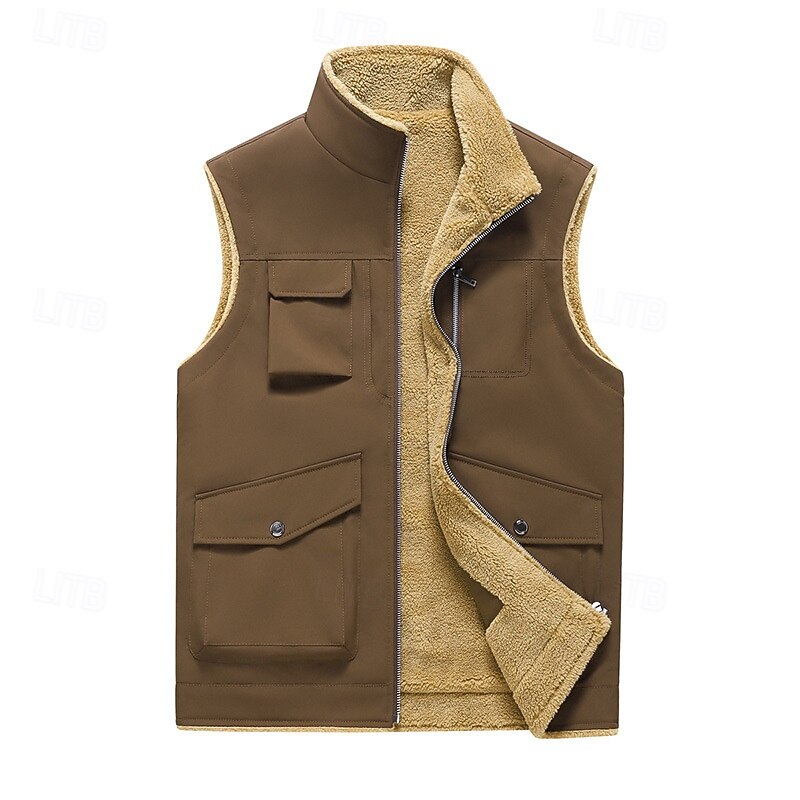 Men's Fleece Vest Vest Gilet Daily Date Vacation Fashion Casual Fall & Winter Pocket Polyester Thermal Warm Comfortable Plain Zipper Stand Collar Regular Fit Black Yellow Khaki Dark Gray Vest3