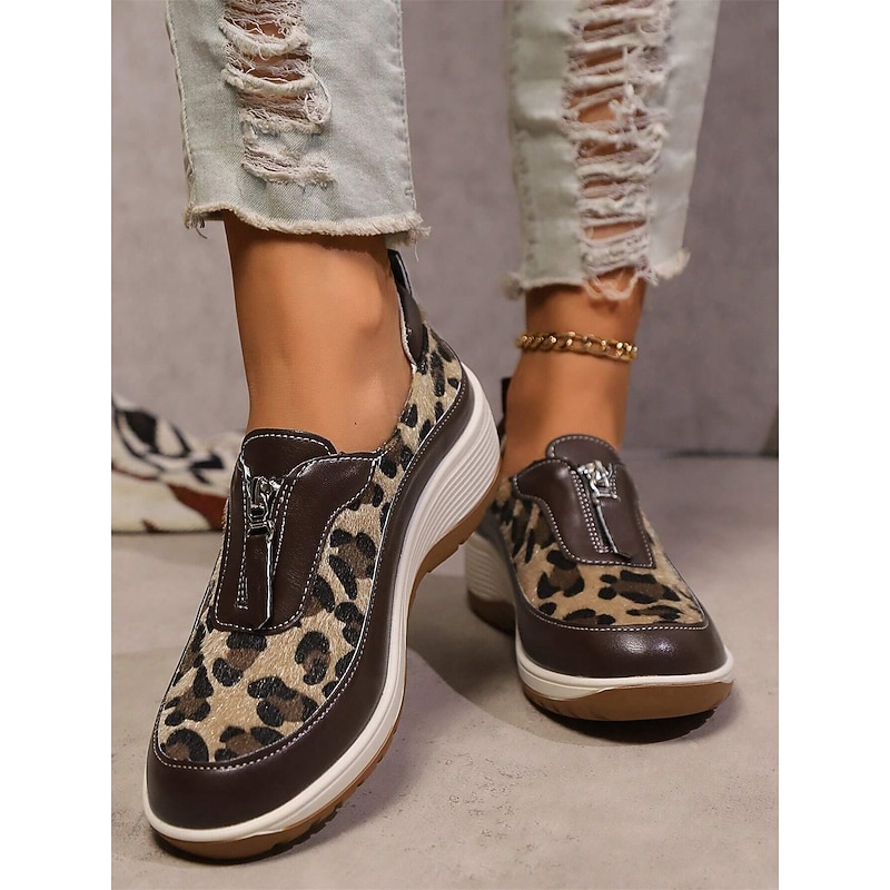 Women's Leopard Print Slip-On Walking Shoes - Comfortable, Lightweight Sneakers with Arch Support for Casual Wear