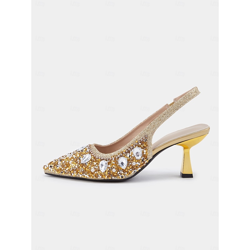 Women's Gold Rhinestone Slingback Heels with Pearl Embellishments – Luxury Pointed Toe Shoes for Weddings, Parties, and Formal Occasions4