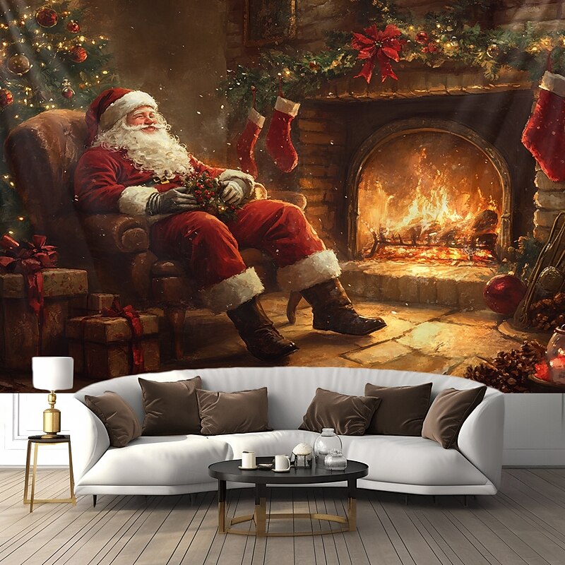 Christmas Decorations Hanging Tapestry Wall Art Xmas Santa Fireplace Large Tapestry Mural Decor Photograph Backdrop Blanket Curtain Home Bedroom Living Room