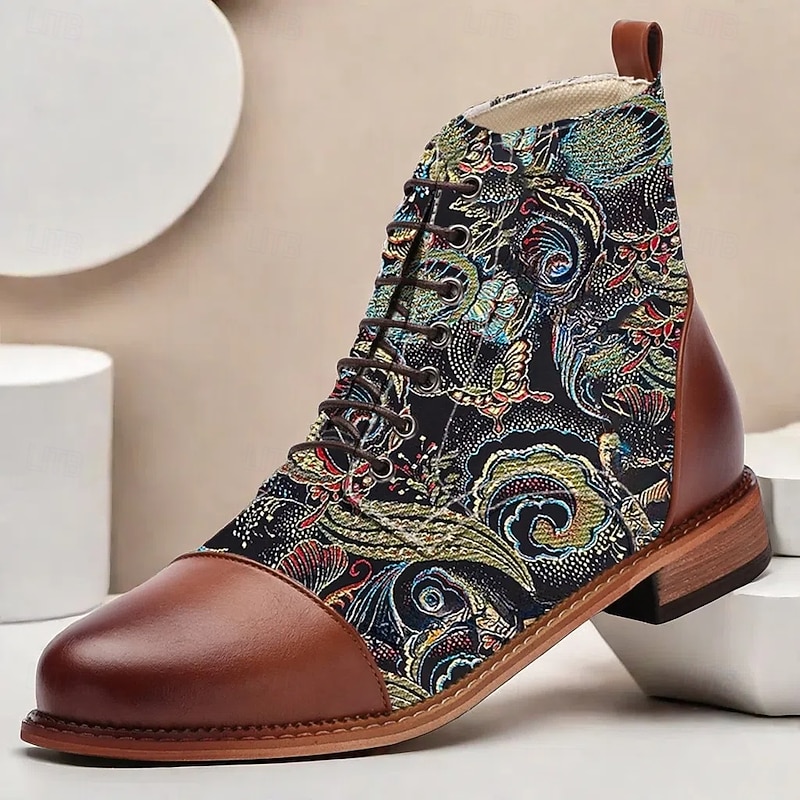Men's Vintage Peacock Feather Print Lace-Up Ankle Boots – Faux Leather and Jacquard Fabric, Casual and Formal Wear2