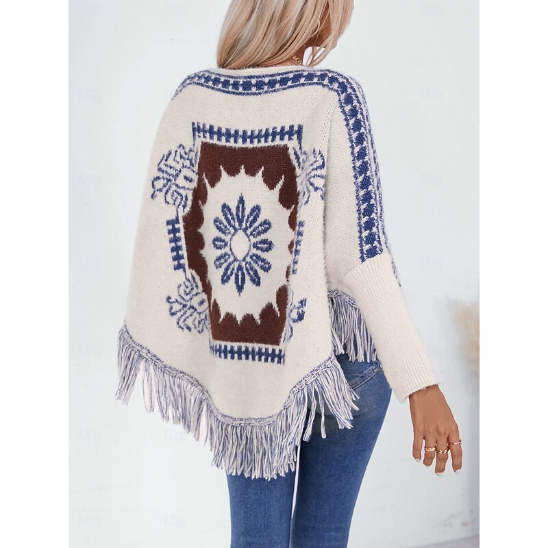 Women's Cape Daily Casual Graphic Geometric Print Boat Neck Knitted Long Sleeve Regular Tops Knit Home Work Black Beige Fall Winter2