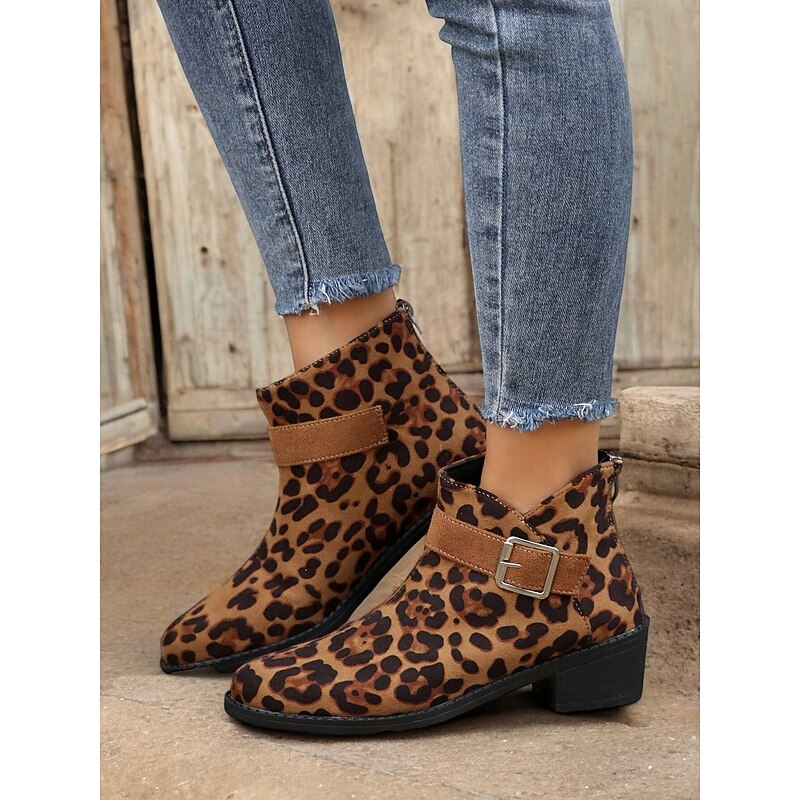 Women's Leopard Print Ankle Boots with Buckle Strap, Casual Western Style, Comfortable Low Heel for Everyday Wear4