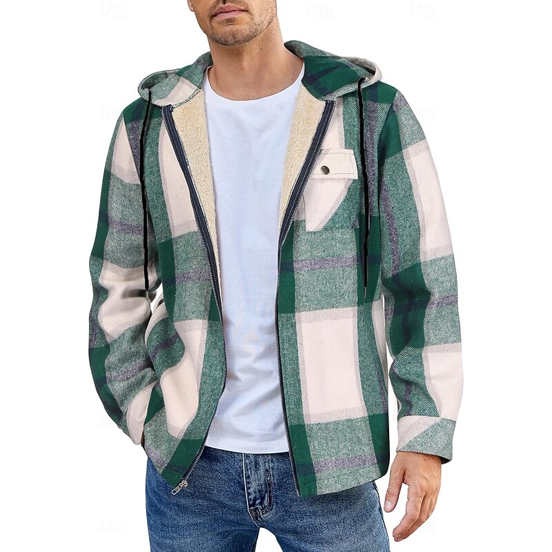Men's Shirt Jacket Hoodied Jacket Shacket Flannel Fleece Jacket Daily Vacation Thermal Warm Hooded Fall & Winter Plaid Checkered Fashion Streetwear Lapel Regular Black Dark Red Light Green Red Blue3
