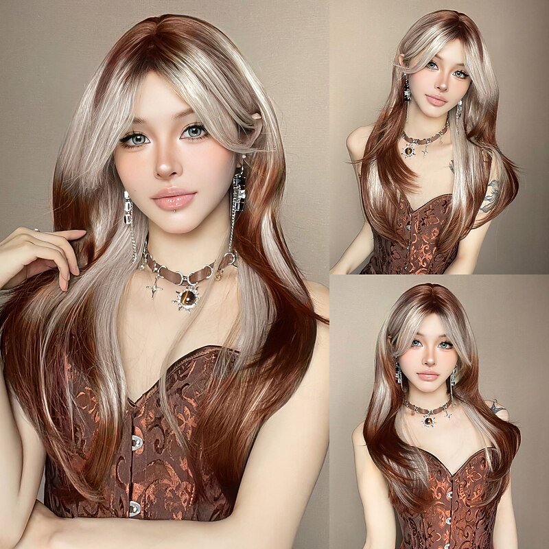 Synthetic Wig Straight kinky Straight Layered Haircut Neat Bang With Bangs Machine Made Wig 22 inch Brown / White Synthetic Hair Women's Cute Cosplay Party Mixed Color