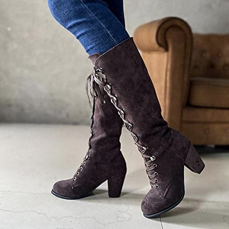 Women's Black Lace-Up Knee-High Boots – Vintage Chunky Heel Faux Suede Boots for Autumn Winter Fashion4
