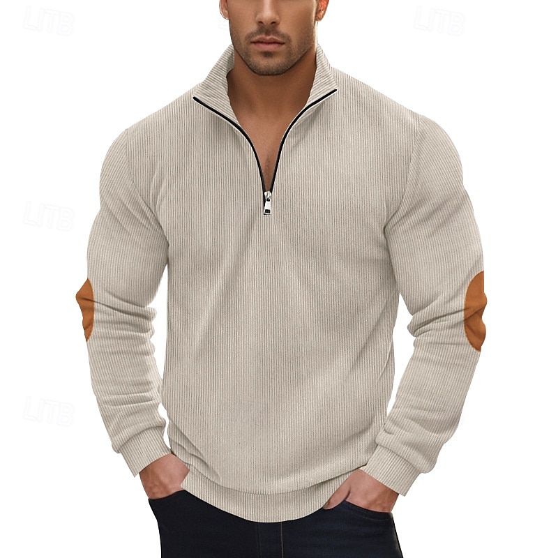 Men's Sweatshirt Quarter Zip Sweatshirt Apricot Black Army Green Navy Blue Gray Half Zip Color Block Patchwork Ribbed Textured Sports & Outdoor Daily Holiday Polyester Corduroy Streetwear Basic Casual - Main Image