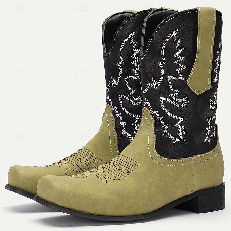 Men's Green and Black Faux Suede Western Cowboy Boots with Embroidered Design - Classic Vintage-Style Boots for Rodeo and Outdoor Wear