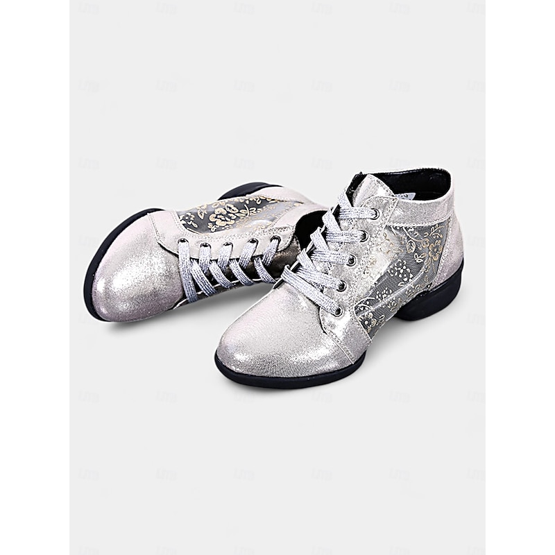 Women's Silver Lace-Up Dance Shoes with Mesh Floral Panels and Soft Sole, Ideal for Ballroom, Latin, and Jazz Dancing 5