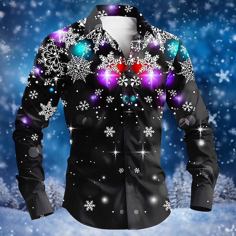 Christmas Men's Christmas Scene Printed Shirts Snowflake Fashion Casual Button Up Long Sleeve Party Evening Daily Fall Winter Spring & Summer Collar Button Up 3D Print Thin Black Polyester