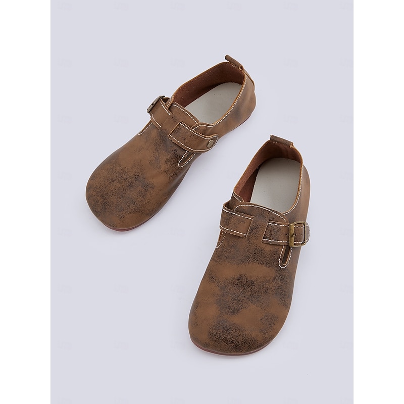 Women's Vintage Brown Barefoot Slip-On Loafers with Buckle Strap and Distressed Faux Leather Finish, Perfect for Casual Wear3