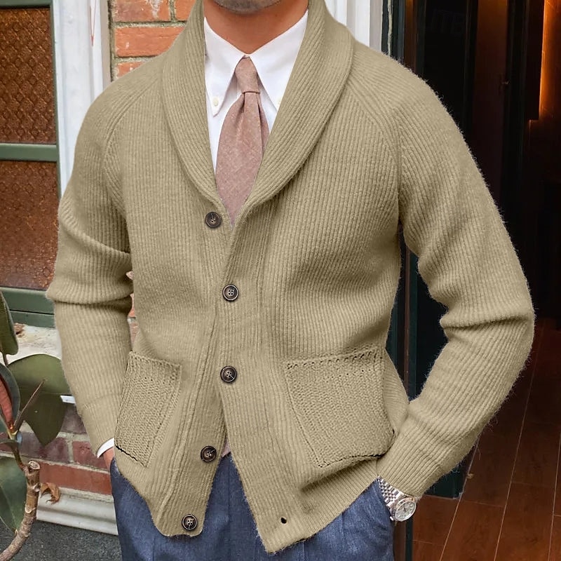 Men's Sweater Cardigan Sweater Dress Sweater Knit Knitted Solid Color Shawl Collar Stylish Vintage Style Daily Wear Clothing Apparel Fall Winter khaki M L XL - Main Image