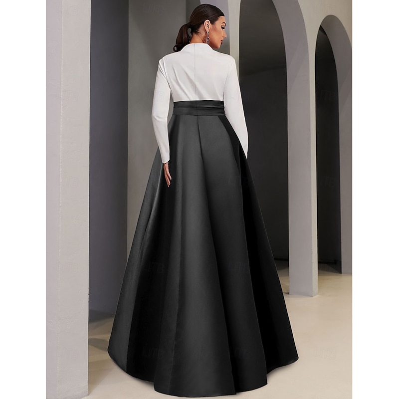 Black Tie A-Line Evening Gown Elegant Dress Formal Wedding Guest Asymmetrical Long Sleeve V Neck Pocket Satin with Pocket2