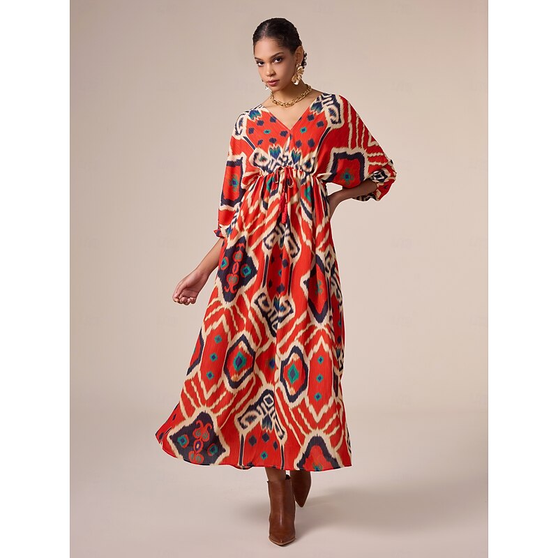 Loose Folk Drawstring Printing Vacation Maxi Dress4