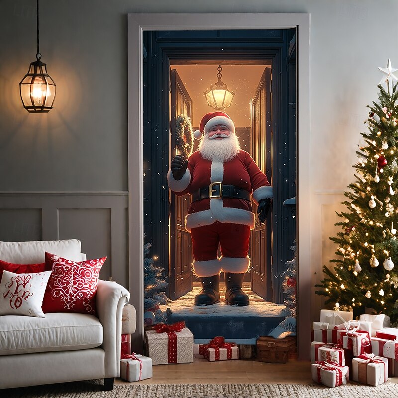 Christmas Door Decorations Door Covers Xmas Santa Standing Door Tapestry Door Curtain Decoration Backdrop Door Banner for Front Door Farmhouse Holiday Party Decor Supplies Indoor/Outdoor3